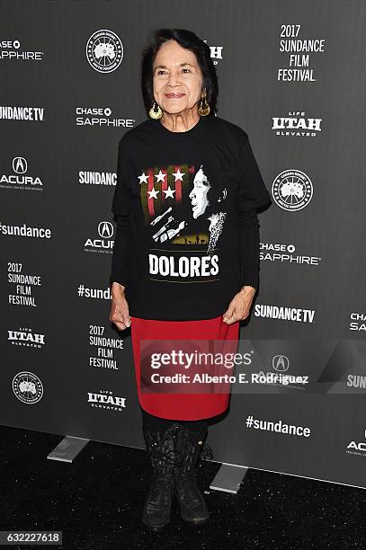 Dolores Huerta attends the "Dolores" premiere during day 2 of the 2017 Sundance Film Festival at Library Center Theater on January 20, 2017 in Park...