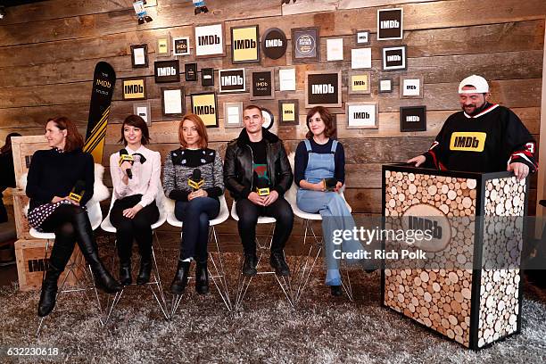 Actors Molly Shannon, Kate Micucci, Aubrey Plaza, Dave Franco and Alison Brie of "The Little Hours" speak with Kevin Smith at The IMDb Studio...