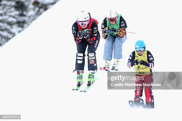 Marielle Thompson of Canada, India Sherret of Canada and Mazie Hayden compete in the semifinals of the women's skiercross during the 2017 Freestyle...