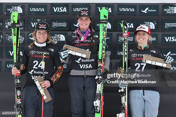 Brittany Phelan, Marielle Thompson and India Sherret of Canada pose on the medals podium after the women's skiercross during the 2017 Freestyle...