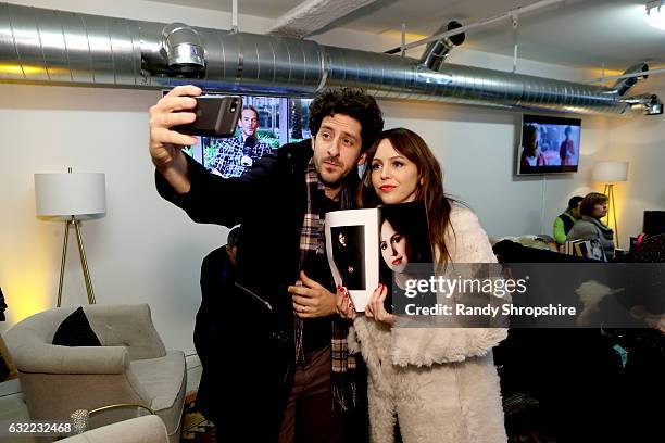 Actor Adam Shapiro and writer/director/actress Michelle Morgan take a selfie at AT&T At The Lift during the 2017 Sundance Film Festival on January...