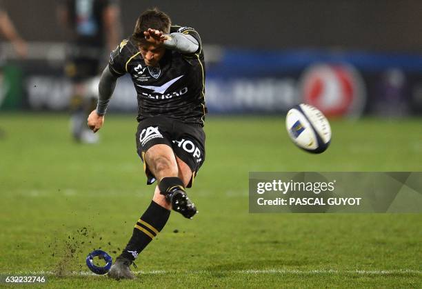 Montpellier's South African fly-half Demetri Catrakilis converts a try during the European Champions Cup rugby union match between Montpellier and...