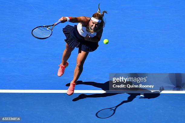 Dominika Cibulkova of Slovakia serves in her third round match against Ekaterina Makarova of Russia on day six of the 2017 Australian Open at...