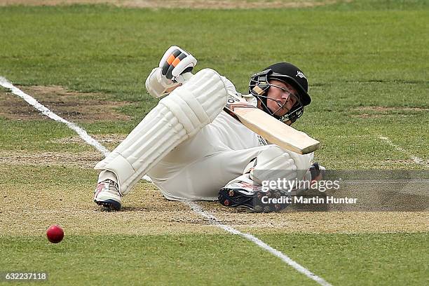 Tom Latham of New Zealand is hit on the helmet during day two of the Second Test match between New Zealand and Bangladesh at Hagley Oval on January...