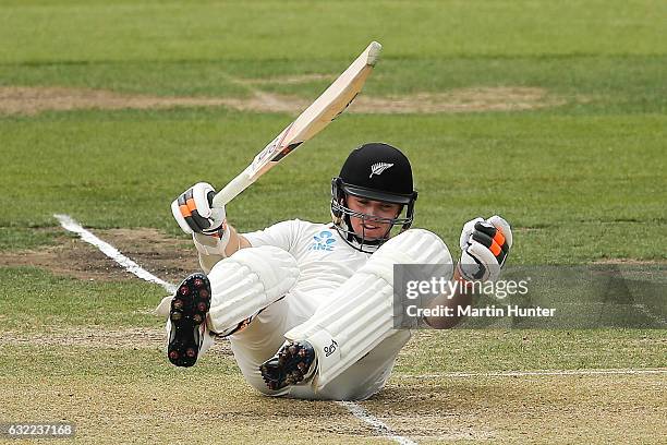 Tom Latham of New Zealand is hit on the helmet during day two of the Second Test match between New Zealand and Bangladesh at Hagley Oval on January...