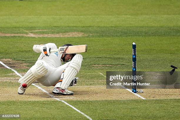 Tom Latham of New Zealand is hit on the helmet during day two of the Second Test match between New Zealand and Bangladesh at Hagley Oval on January...