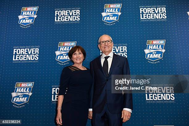 Hall of Fame inductee Mark Martin poses on the red carpet with his wife Arlene prior to the NASCAR Hall of Fame Class of 2017 Induction Ceremony at...