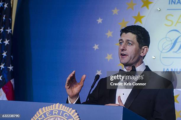 Speaker of the House Paul Ryan speaks during the Veterans Inaugural Ball at The Renaissance Hotel on January 20, 2017 in Washington, DC.