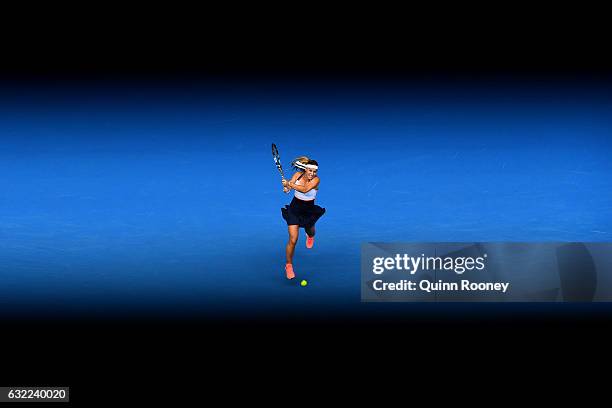 Dominika Cibulkova of Slovakia plays a backhand in her third round match against Ekaterina Makarova of Russia on day six of the 2017 Australian Open...