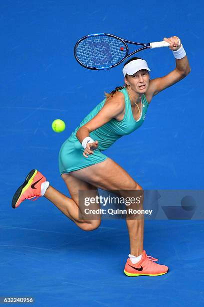 Ekaterina Makarova of Russia plays a forehand in her third round match against Dominika Cibulkova of Slovakia on day six of the 2017 Australian Open...