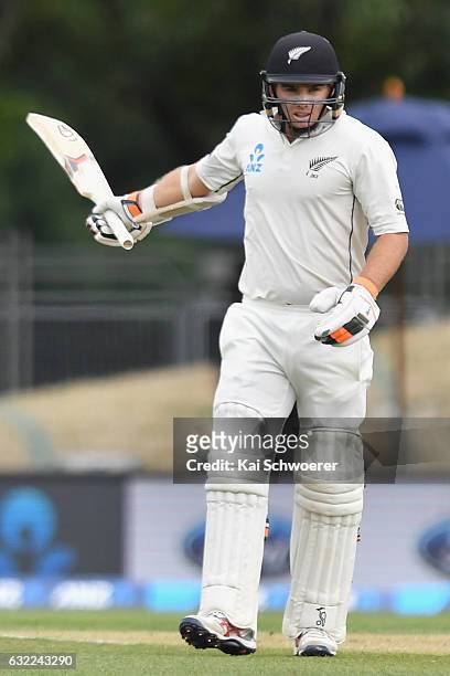 Tom Latham of New Zealand celebrates his half century during day two of the Second Test match between New Zealand and Bangladesh at Hagley Oval on...