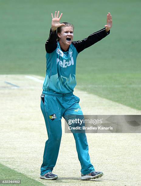 Jessica Jonassen of the Heat appeals to the umpire during the Women's Big Bash League match between the Adelaide Strikers and the Brisbane Heat at...