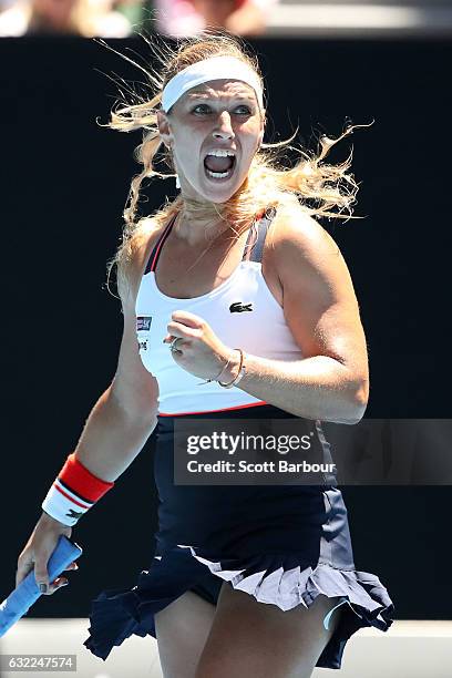 Dominika Cibulkova of Slovakia celebrates in her third round match against Ekaterina Makarova of Russia on day six of the 2017 Australian Open at...