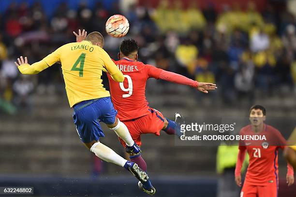 Brazilian player Lyanco vies for the ball with Chilean player Francisco Sierralta during their South American Championship U-20 football match at the...