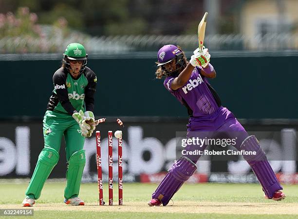 Hayley Matthews of the Hurricanes is bowled by Kristen Beams of the Melbourne Stars during the Women's Big Bash League match between the Hobart...
