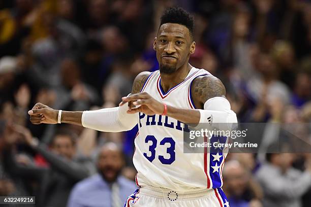 Robert Covington of the Philadelphia 76ers celebrates his game-winning basket against the Portland Trail Blazers during the fourth quarter at the...