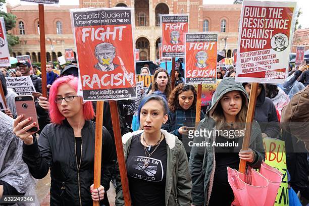 University of California students attend the Anti-Trump protest during the inauguration day of President Donald Trump, at the university campus in...