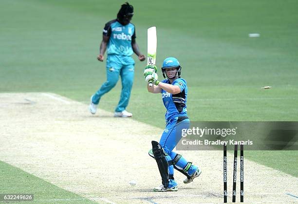 Deandra Dottin of the Heat celebrates taking the wicket of Sarah Coyte of the Strikers during the Women's Big Bash League match between the Adelaide...