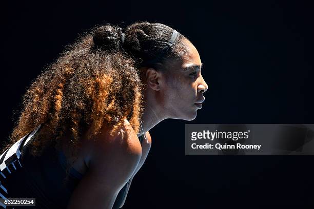 Serena Williams of the United States looks on in her third round match against Nicole Gibbs of the Unites States on day six of the 2017 Australian...