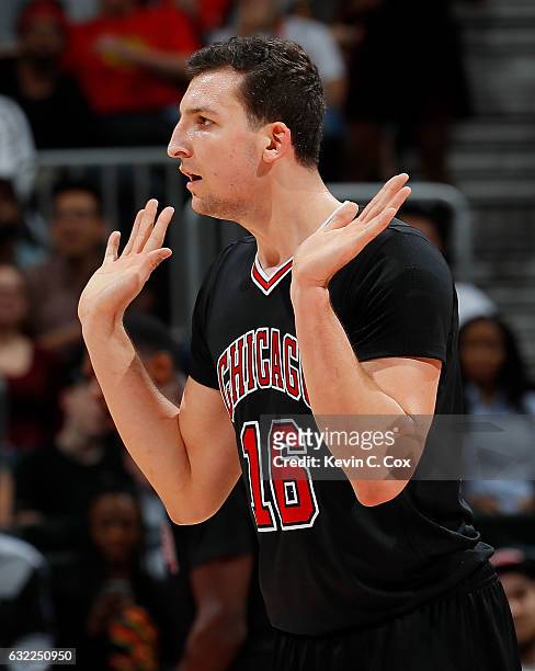 Paul Zipser of the Chicago Bulls reacts after being charged with a foul against the Atlanta Hawks at Philips Arena on January 20, 2017 in Atlanta,...