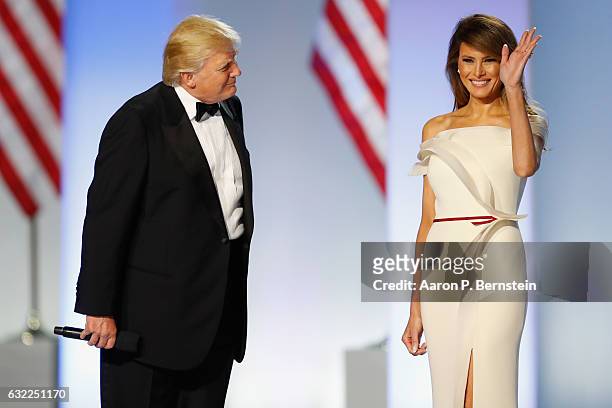 President Donald Trump introduces first lady Melania Trump at the Freedom Inaugural Ball at the Washington Convention Center January 20, 2017 in...