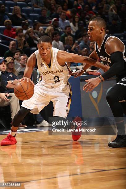 Tim Frazier of the New Orleans Pelicans handles the ball against the Brooklyn Netson January 20, 2017 at the Smoothie King Center in New Orleans,...