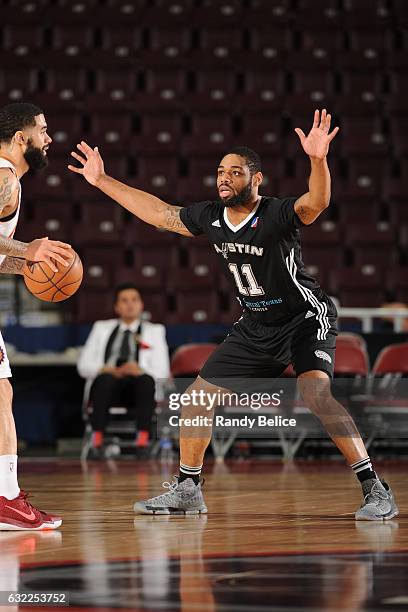 Demetri McCamey of the Austin Spurs plays defense during the game against the Northern Arizona Suns as part of 2017 NBA D-League Showcase at the...