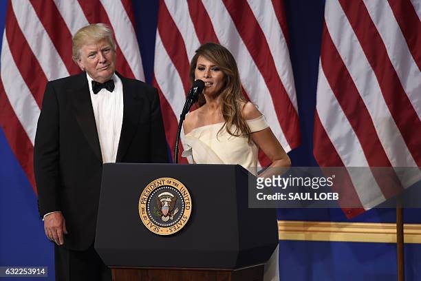 President Donald Trump and First Lady Melania Trump give a speech during the Salute to Our Armed Services Inaugural Ball at the National Building...