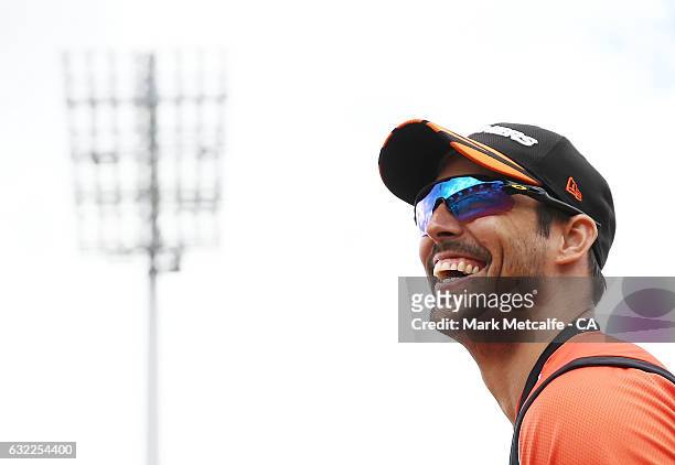 Mitchell Johnson of the Scorchers looks on before the Big Bash League match between the Hobart Hurricanes and the Perth Scorchers at Blundstone Arena...