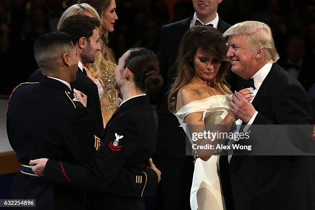 President Donald Trump and his wife First Lady Melania Trump dance during A Salute To Our Armed Services Inaugural Ball at the National Building...