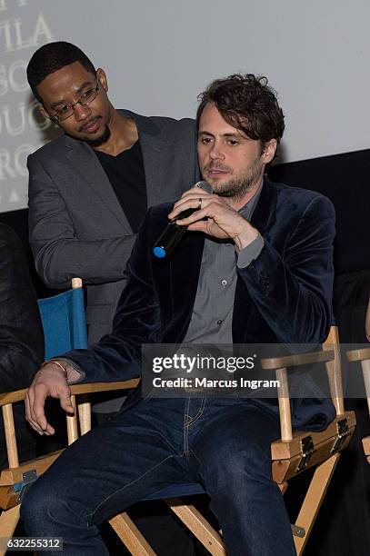 Actor Justin Randell Brooke and Chris Greene on stage during "The Founder" movie premiere at Landmark Midtown Art Cinema on January 20, 2017 in...