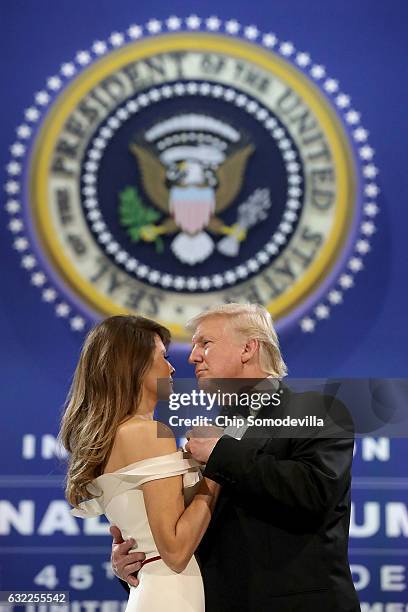 President Donald Trump and first lady Melania Trump dance during the Armed Forces Ball at the National Building Museum January 20, 2017 in...