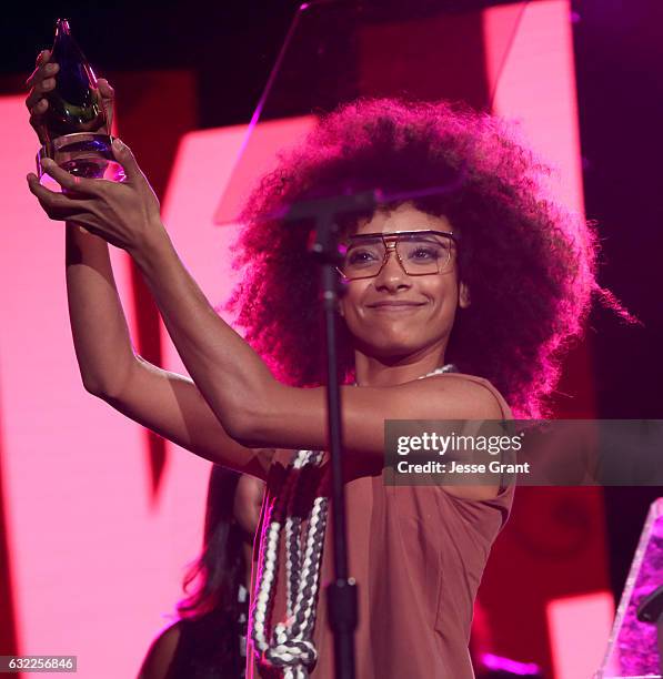 Bass player Esperanza Spalding speaks on stage at the She Rocks Awards during the 2017 NAMM Show at the Anaheim Convention Center on January 20, 2017...