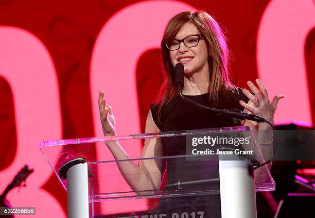 Singer-songwriter Lisa Loeb speaks on stage at the She Rocks Awards during the 2017 NAMM Show at the Anaheim Convention Center on January 20, 2017 in...