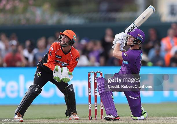 Darcy Short of the Hobart Hurricanes bats during the Big Bash League match between the Hobart Hurricanes and the Perth Scorchers at Blundstone Arena...