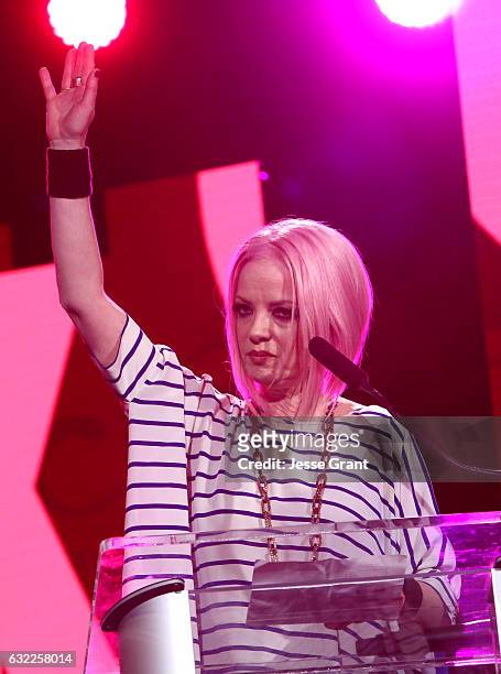 Singer Shirley Manson speaks on stage at the She Rocks Awards during the 2017 NAMM Show at the Anaheim Convention Center on January 20, 2017 in...