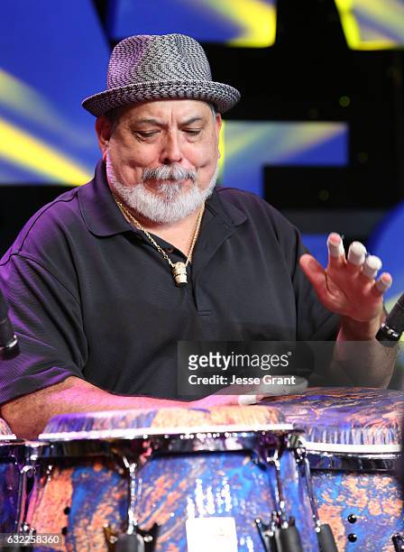 Poncho Sanchez performs on stage during the 2017 NAMM Show at the Anaheim Convention Center on January 20, 2017 in Anaheim, California.