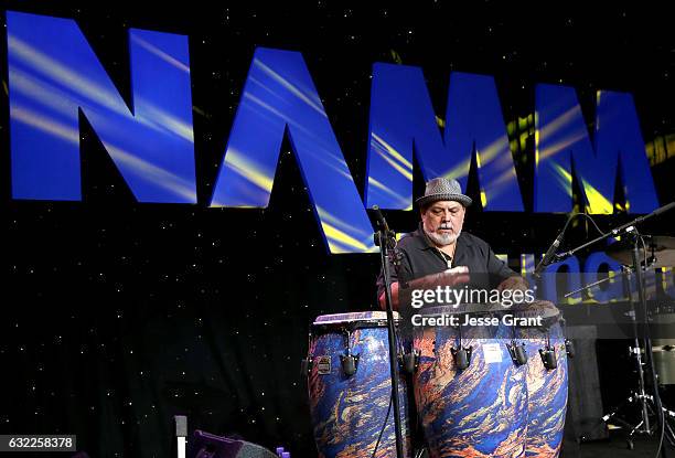 Poncho Sanchez performs on stage during the 2017 NAMM Show at the Anaheim Convention Center on January 20, 2017 in Anaheim, California.