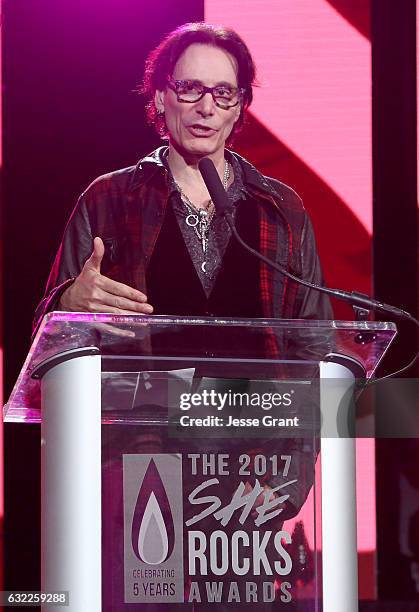 Guitarist Steve Vai speaks on stage at the She Rocks Awards during the 2017 NAMM Show at the Anaheim Convention Center on January 20, 2017 in...