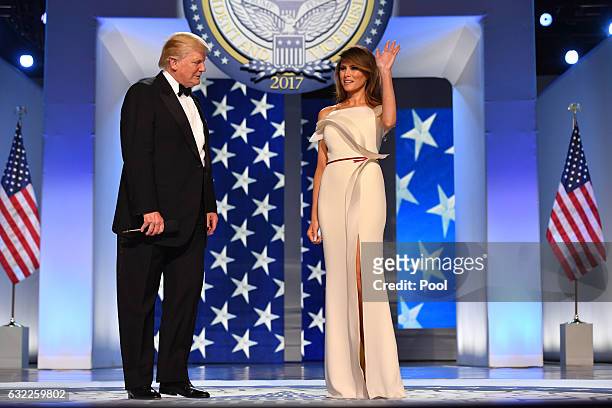 President Donald Trump and First Lady Melania Trump arrive at the Freedom Ball on January 20, 2017 in Washington, D.C. Trump will attend a series of...