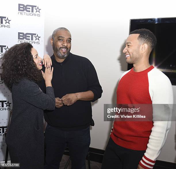 Actress Jurnee Smollett-Bell, producer and talent manager Mike Jackson and singer John Legend attend the Private Dinner Hosted by BET Networks and...