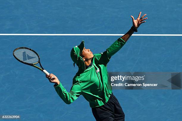 Ball kids plays a shot in the legends doubles match between Jonas Bjorkman and Thomas Johansson of Sweden and Wayne Ferreira of South Africa and...