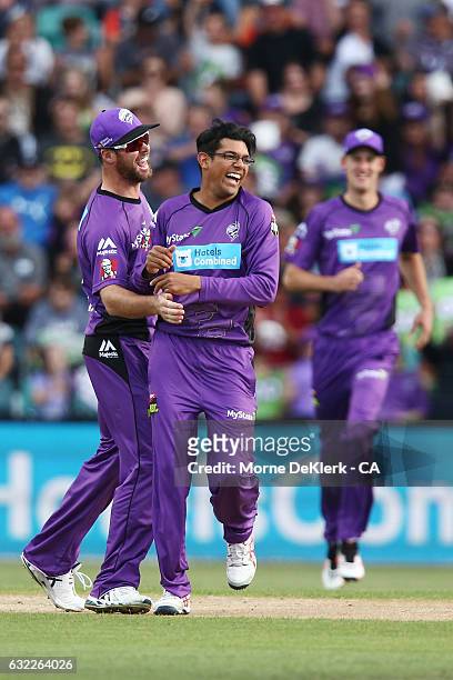 Clive Rose of the Hobart Hurricanes celebrates after getting the wicket of Sam Whiteman of the Perth Scorchers during the Big Bash League match...