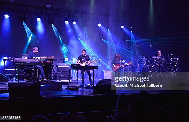 Musicians David Phipps, Hunter Brown, Jeffree Lerner, Alana Rocklin and Zach Velmer of Sound Tribe Sector 9 perform at The Wiltern on January 20,...