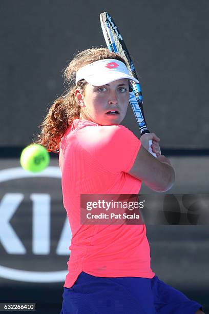 Lisa Piccinetti of Italy serves in her first round match against Bianca Vanessa Andreescu of Canada during the Australian Open 2017 Junior...