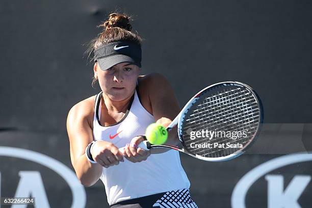 Bianca Vanessa Andreescu of Canada serves in her first round match against Lisa Piccinetti of Italy during the Australian Open 2017 Junior...