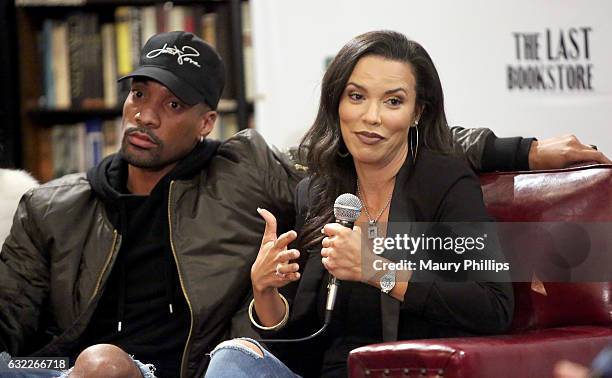 Personality Shamicka Lawrence and tv personality Miles Brock speak during Tami Roman book signing for "Mistress 101" at The Last Bookstore on January...