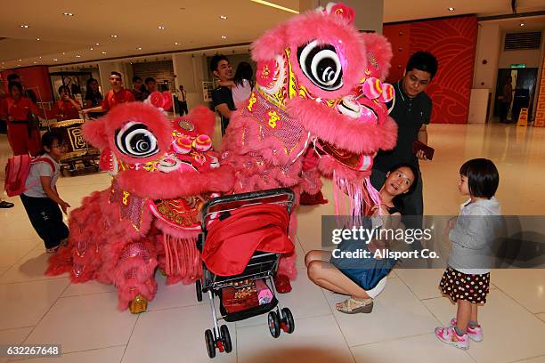 People greets the lion dancer during meet and greet by the lion dance troupe at a mall ahead of the Lunar New Year of the Rooster celebrations on...