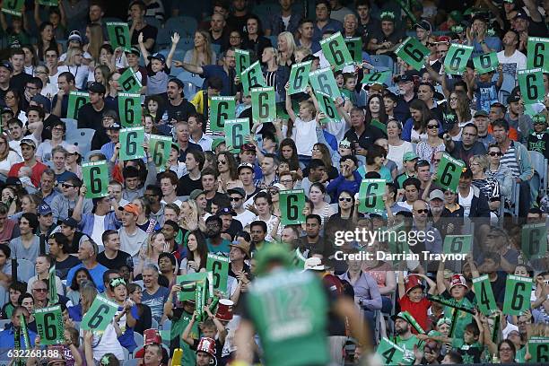 Rob Quiney of the Melbourne Stars hits a 6 during the Big Bash League match between the Melbourne Stars and the Sydney Sixers at Melbourne Cricket...