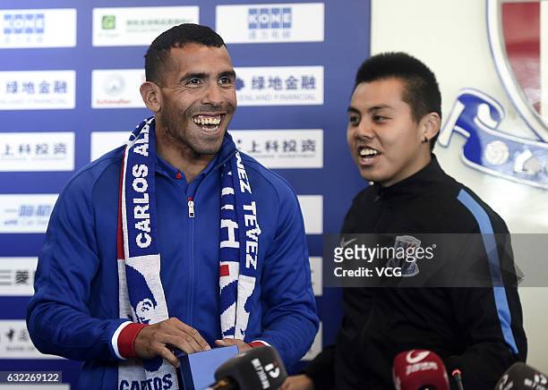 Argentine striker Carlos Tevez attends a press conference on January 21, 2017 in Shanghai, China. Carlos Tevez held his first press conference for...